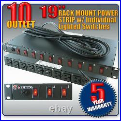 10 OUTLET RACK MOUNT POWER STRIP PDU LIGHT CONTROLLER with LIGHTED POWER SWITCHES